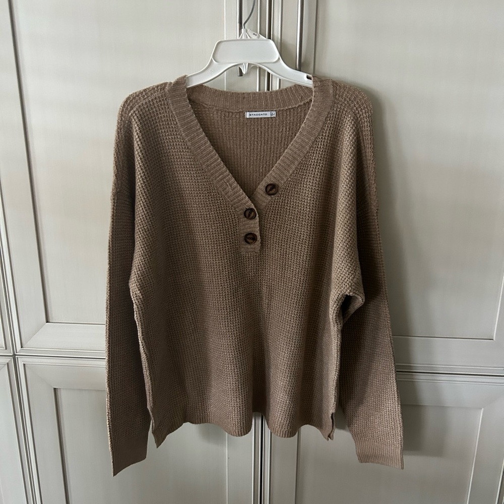 Staccato Tan V-Neck Button Sweater